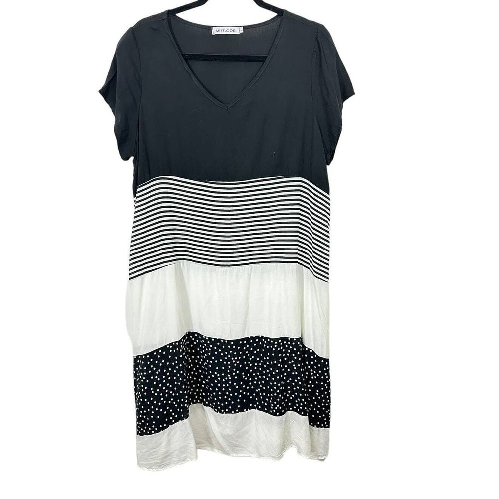 MISSLOOK Women's‎ SZ L V Neck Cotton Blend Tiered Dress Striped & Polka Dots